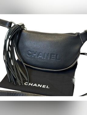 CHANEL Black Crescent Leather Shoulder/crossbody Bag with Tassel Accent